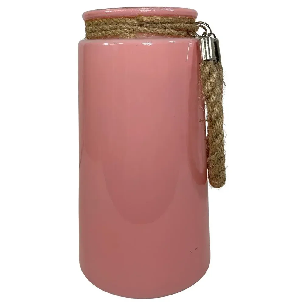 Large Pink Glass Hanging Vase Jar Rope Handle Wide Mouth
